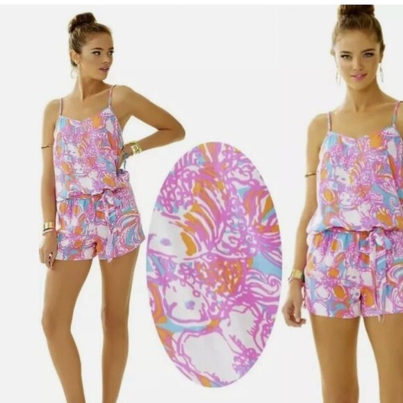LILLY PULITZER DEANNA Romper "FEELING TANKED" Size M 8 10 Belt Pink Orange Blue - Picture 1 of 4
